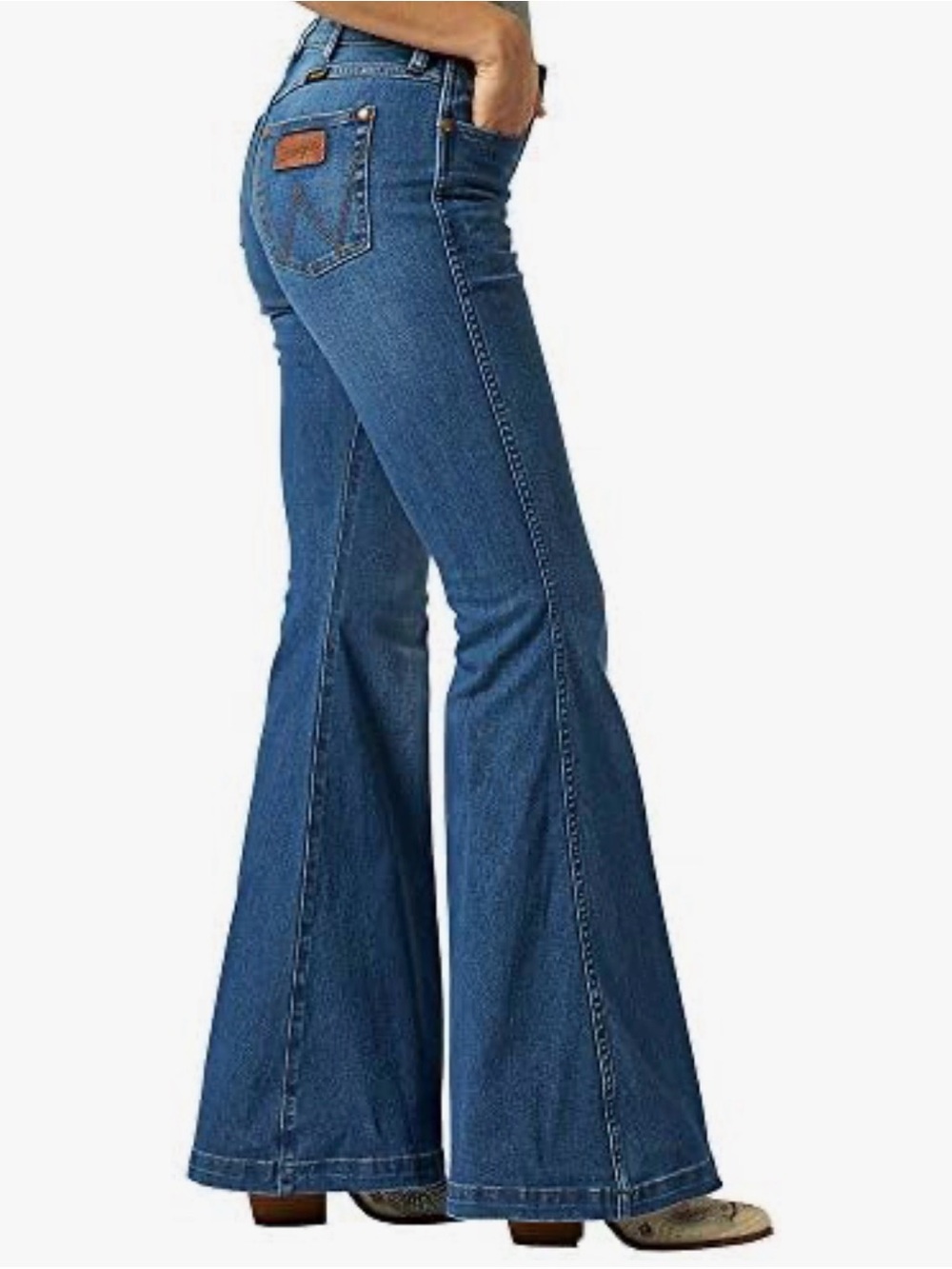 Wrangler Retro Premium Trumpet Flare Blue Denim Jeans with Gold Logo Stitching - Picture 2 of 6
